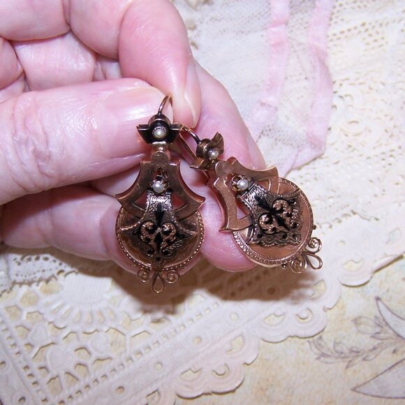 Antique 14K Gold Taille D'Epergne Enamel Pearl Dangle Earrings - Hook Findings - Picture 6 of 10